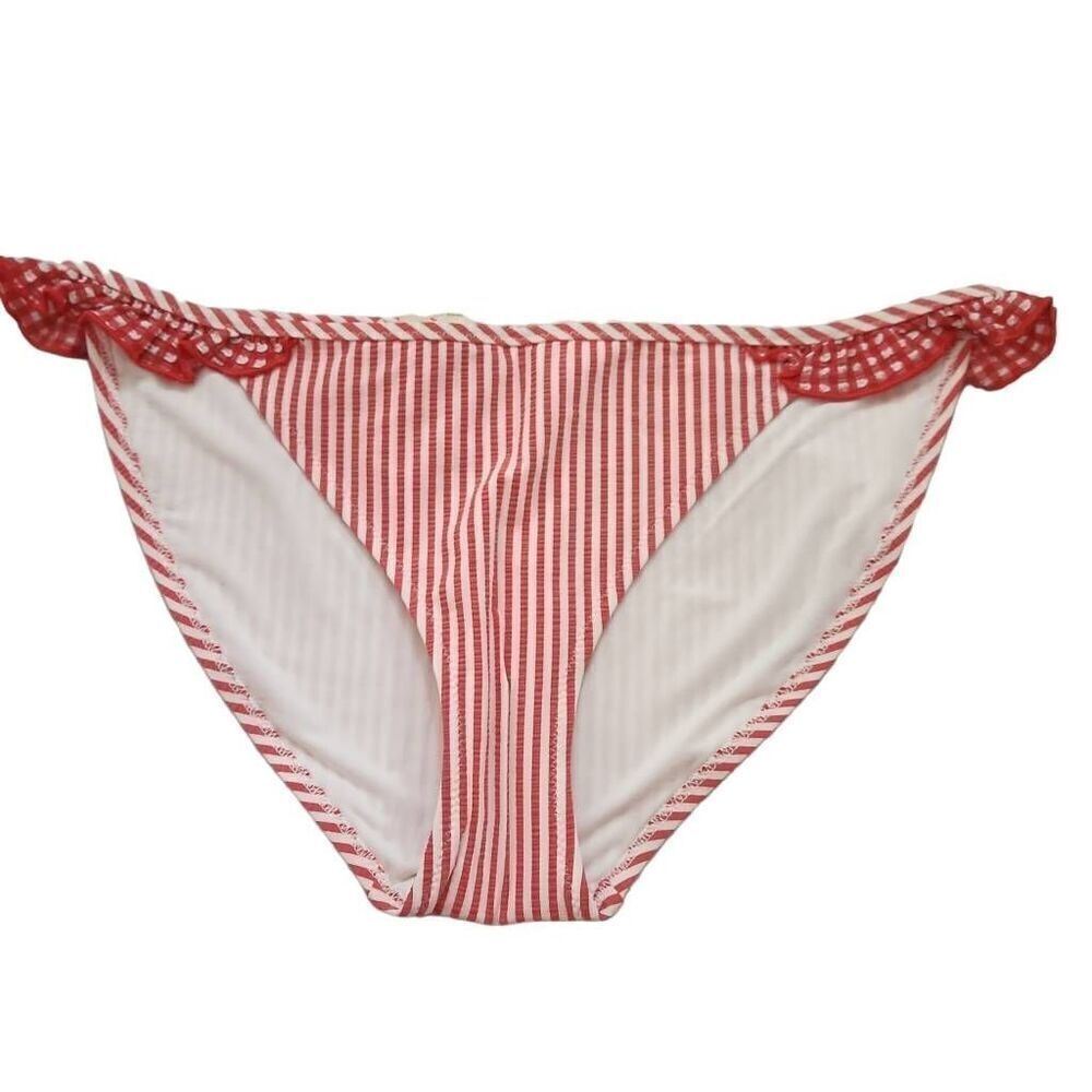 Aerie Women's Size Small Red White Stripe Ruffle Side Bikini Bottom